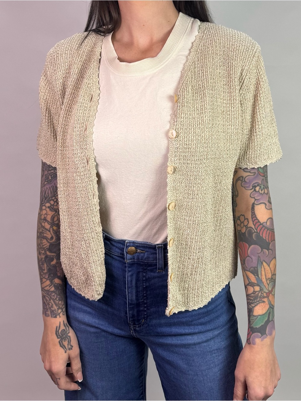 90s vintage Cream Silk Short-Sleeve Crochet Knit Cottage Cardigan | Size Large